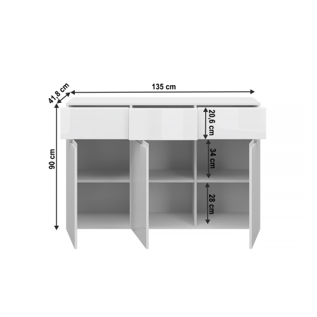 Komoda JOLK 3D3S, bílá/bílý vysoký lesk HG