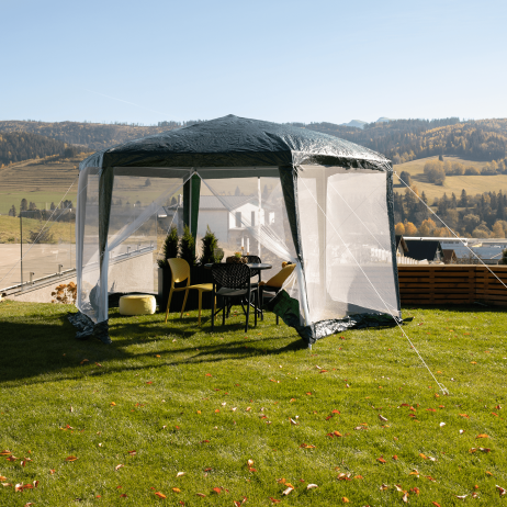 Stanový altán do zahrady, 3,9x2,5x3,9m, zelená / bílá, RINGE TYP 1 + 6 bočních stran