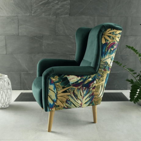 Designové křeslo BELEK, látka smaragdová / vzor Jungle