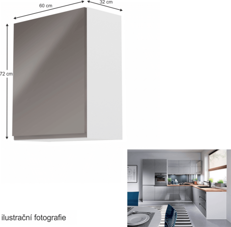 Horní skříňka, bílá / šedý extra vysoký lesk, levá, AURORA G601F