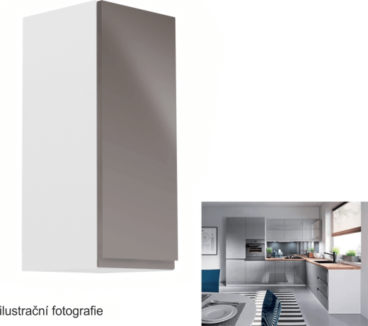 Horní skříňka, bílá / šedý extra vysoký lesk, pravá, AURORA G30