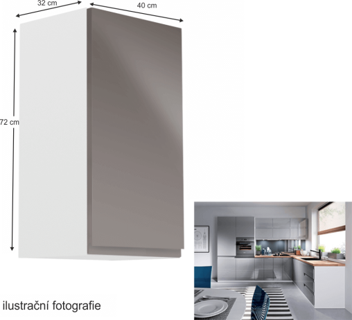 Horní skříňka, bílá / šedý extra vysoký lesk, pravá, AURORA G40