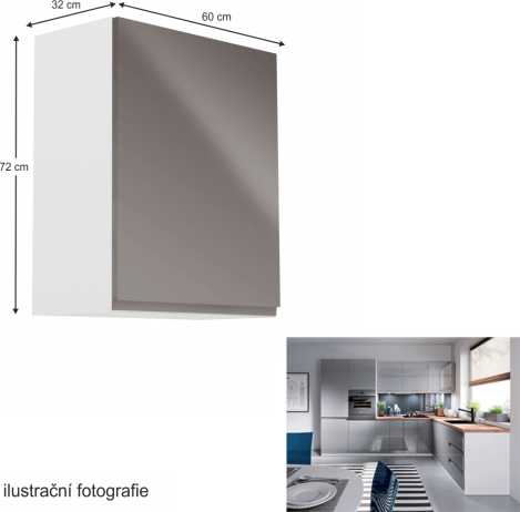 Horní skříňka, bílá / šedý extra vysoký lesk, pravá, AURORA G601F