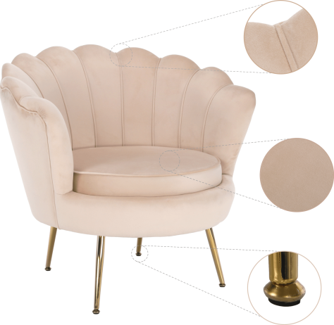 Křeslo ve stylu Art-deco, béžová Velvet látka / gold chrom-zlatý, NOBLIN