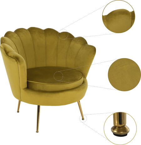 Křeslo ve stylu Art-deco, hořčicová Velvet látka/gold chrom-zlatý, NOBLIN