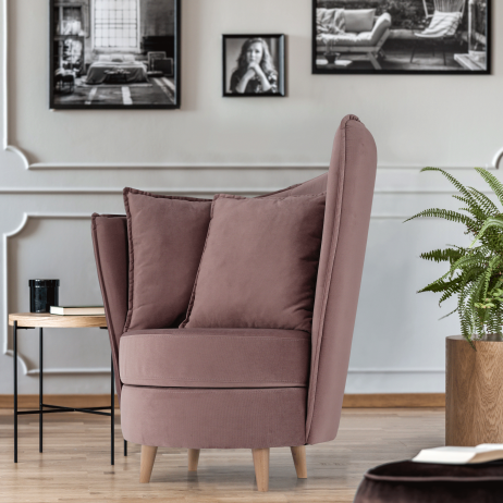 Křeslo ve stylu Art Deco, růžová Kronos látka / dub, ROUND NEW