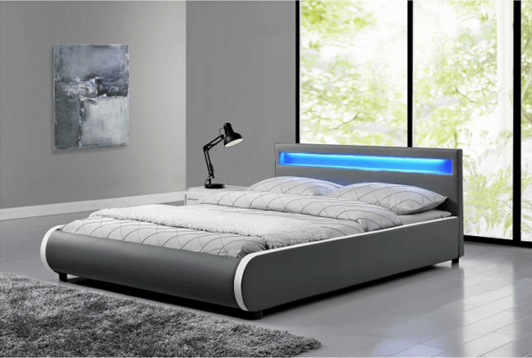 Manželská postel DULCEA  s RGB LED osvětlení,160x200 cm, šedá ekokůže