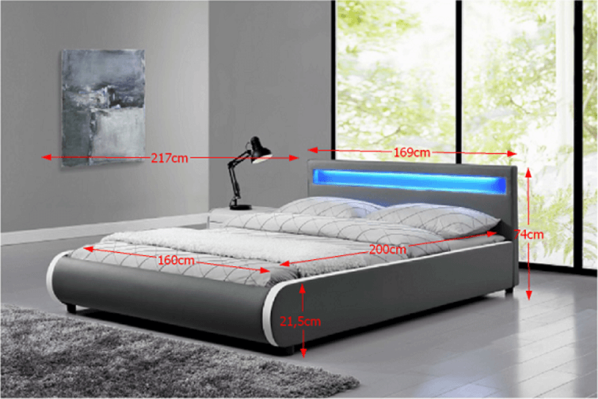 Manželská postel DULCEA  s RGB LED osvětlení,160x200 cm, šedá ekokůže