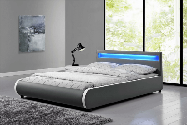Manželská postel DULCEA s RGB LED osvětlení, 180x200 cm, šedá ekokůže