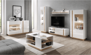 RTV stolek CITY 138, bílá / dub grandson / bílý lesk