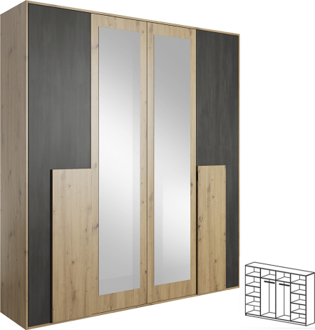 Skříň  BAFRA 4D se zrcadlem, dub artisan/černá borovice norská