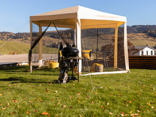 Stanový altán do zahrady, 3,9x2,5x3,9m, béžová / černá, RINGE TYP 2 + 6 bočních stran